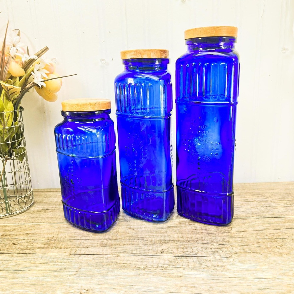 Vintage Cobalt Blue Canister Set of 3: Blue Glass Jars‎ with Wood Lids